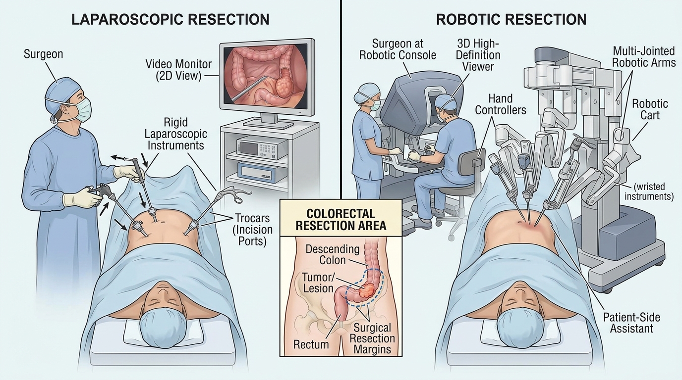 Labeled medical illustration comparing laparoscopic resection, with rigid instruments through trocar ports and a 2D video monitor, and robotic resection, with the surgeon at a console using multi-jointed wristed instruments and a 3D viewer, alongside an inset of the colorectal resection area