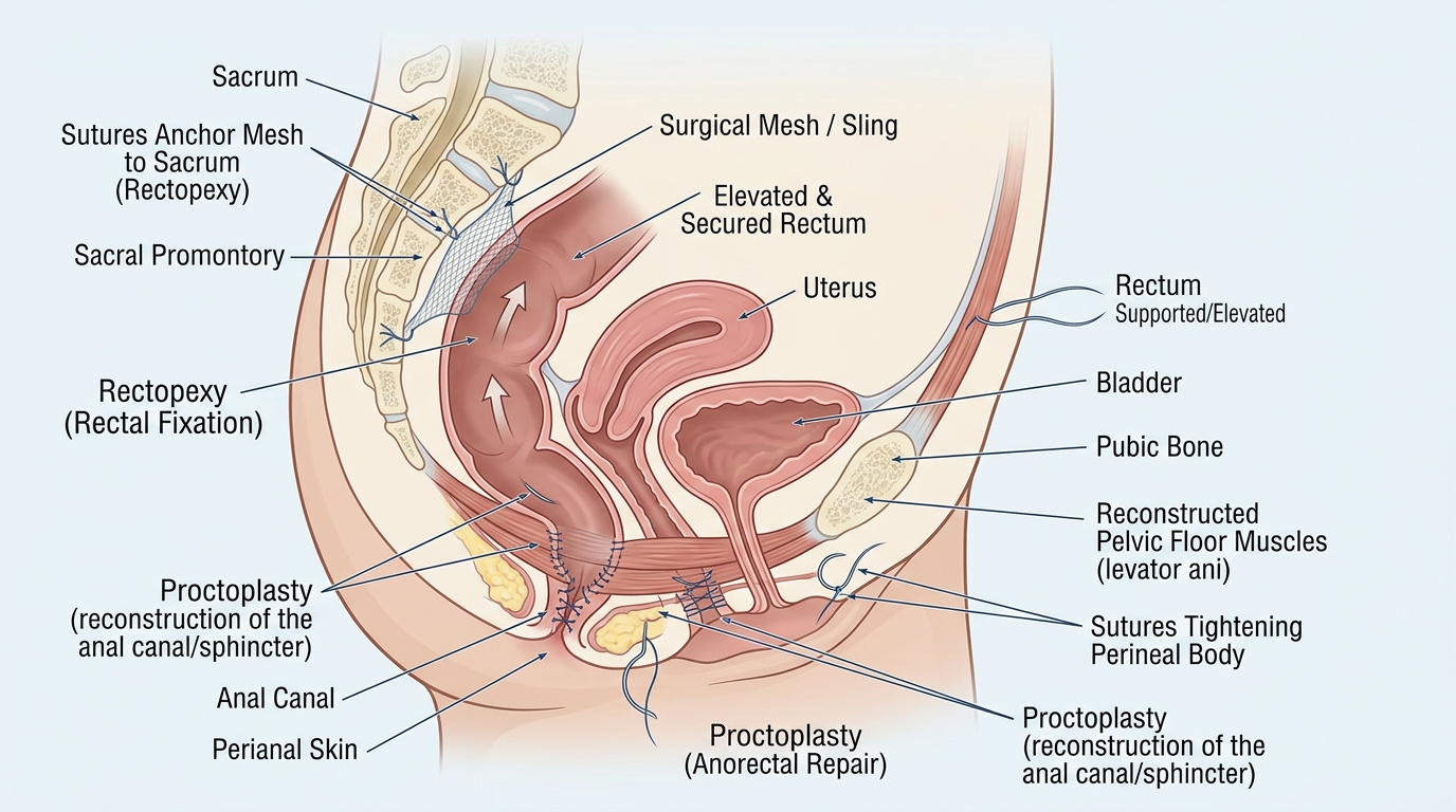 Labeled medical illustration of pelvic floor reconstruction showing a rectopexy in which surgical mesh anchored to the sacral promontory elevates and secures the rectum, together with proctoplasty repair of the anal canal and sphincter and sutures tightening the perineal body and levator ani muscles