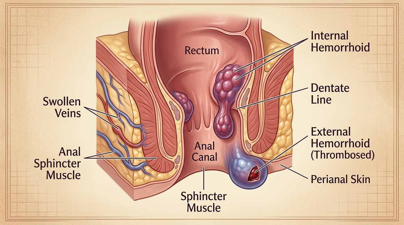 Labeled medical illustration of the anal canal showing internal hemorrhoids, a thrombosed external hemorrhoid, the dentate line, anal sphincter muscles, swollen veins and perianal skin